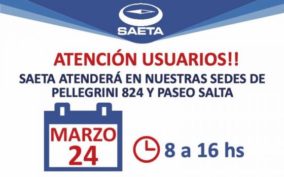 Horario de atención de SAETA para el feriado del próximo miércoles 24